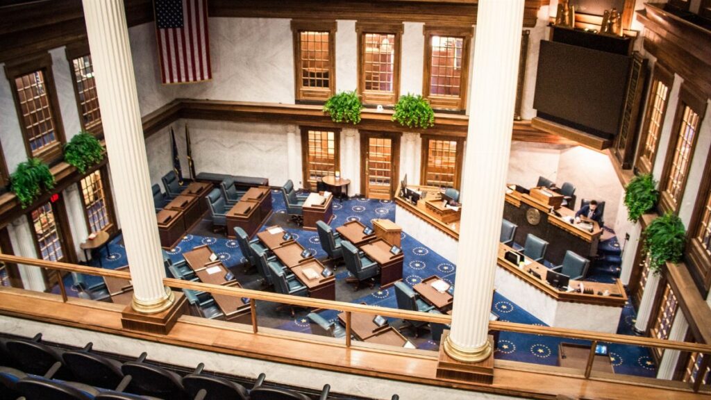 A stunning view of the Indiana State Capitol's elegant interior, showcasing its historic architecture.