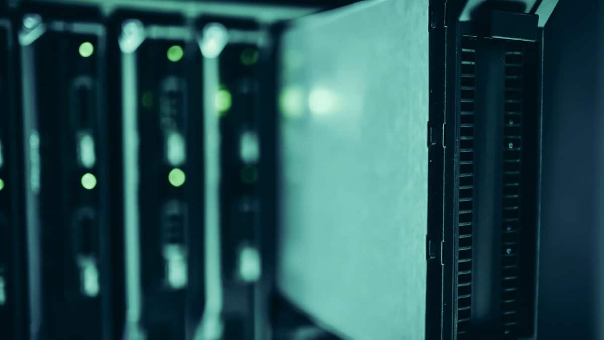 Close-up of server racks in a data center highlighting modern technology infrastructure.