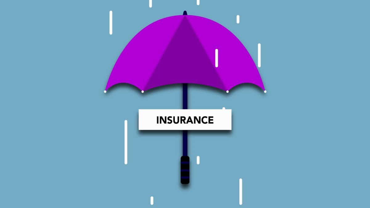 Decorative cardboard illustration of signboard with Insurance title under umbrella in rain on blue background