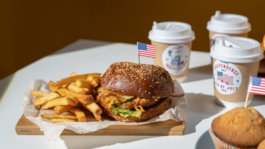 Celebrate Independence Day with a classic American burger, fries, and coffee.
