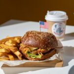 Celebrate Independence Day with a classic American burger, fries, and coffee.