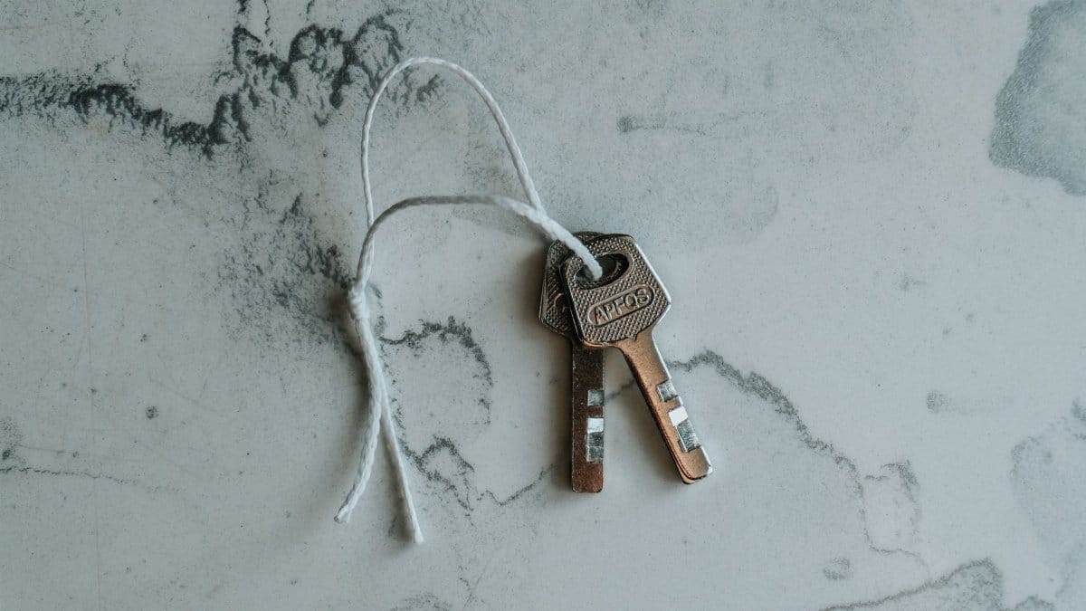 Two metal keys on a string against a marbled background, symbolizing security.