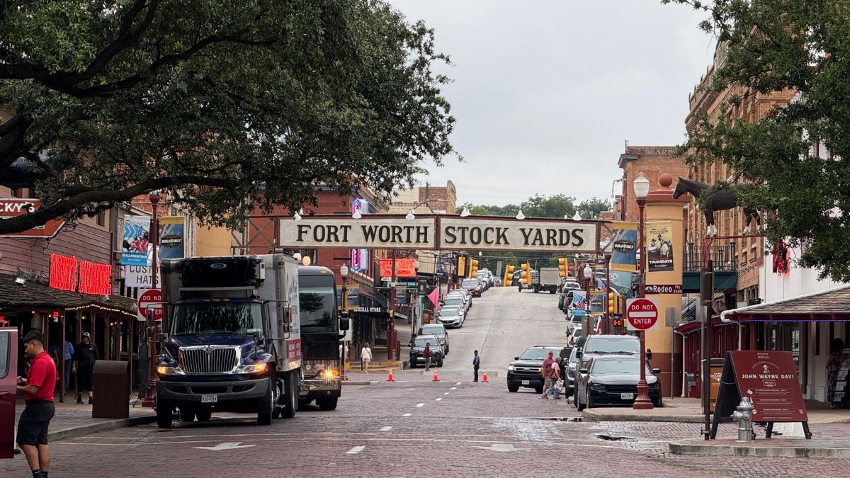 View of the historic Fort Worth Stockyards with bustling street and classic architecture in Texas.