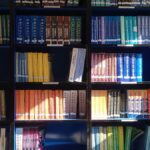 A vibrant library bookshelf displaying a range of educational books organized by subject.