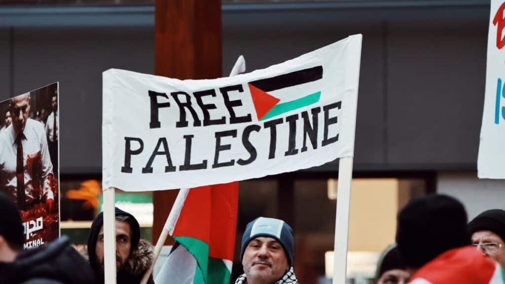 Protesters in Jönköping advocate for Free Palestine with visible signs.