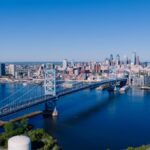 Stunning aerial shot overlooking the Benjamin Franklin Bridge and Philadelphia skyline on a clear day.