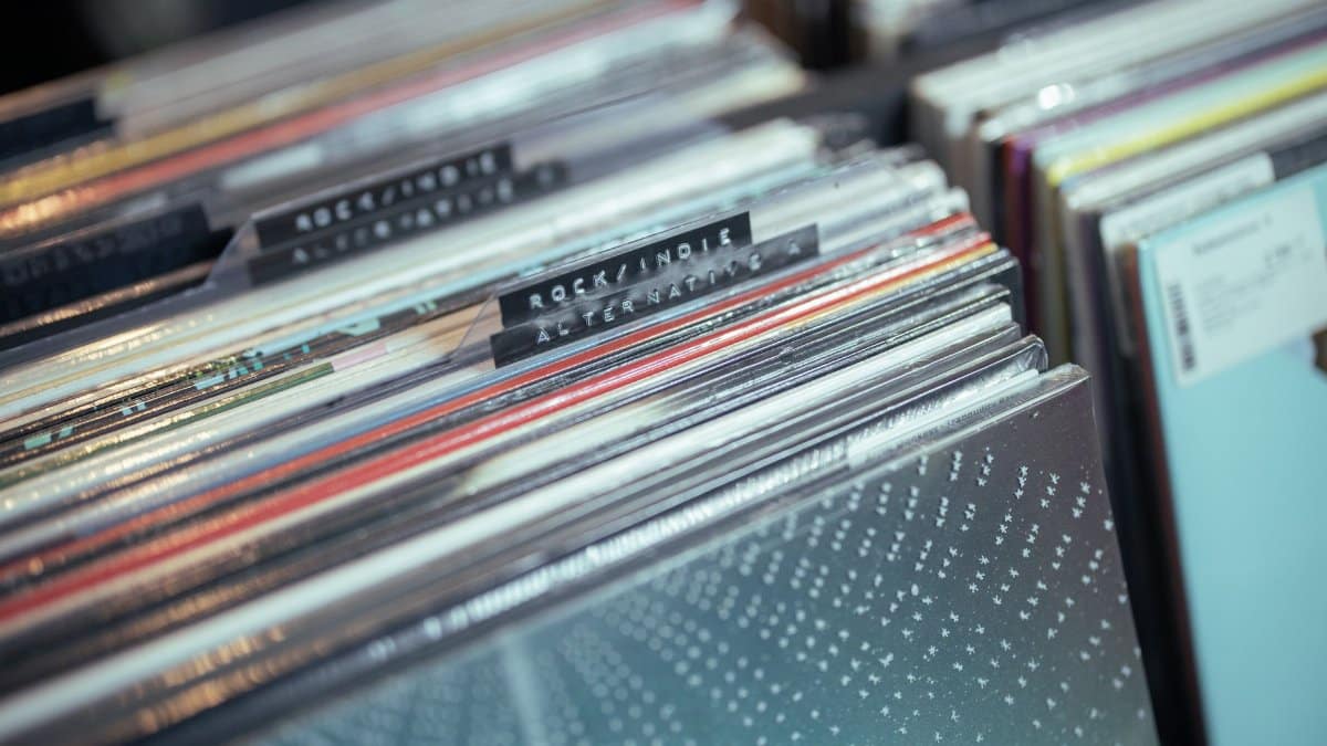 Close-up of vinyl records in a music store, featuring rock and indie selections.