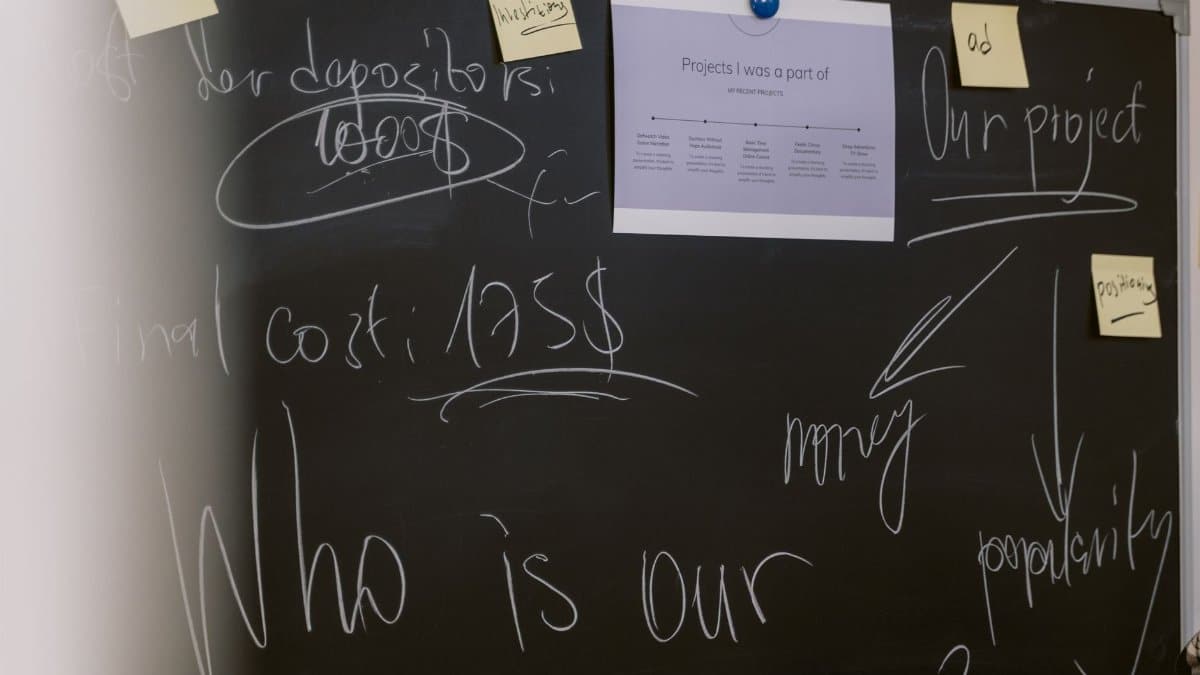 Creative business presentation captured on a blackboard, showcasing project notes, financial plans, and strategic ideas.