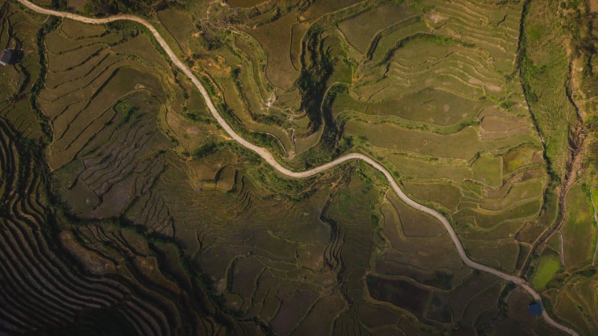 Stunning aerial shot of terraced rice paddies with a winding road in Yunnan, China.