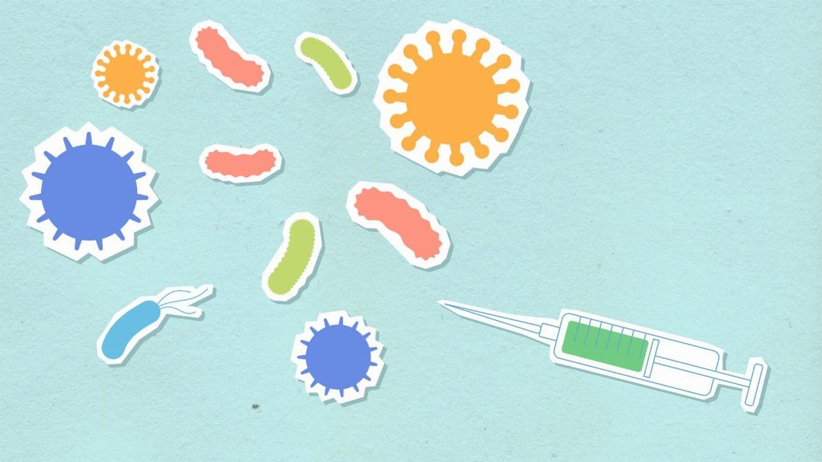 Paper cutout types of various contagious viruses and syringe with medical remedy for preventing spreading of disease on blue background