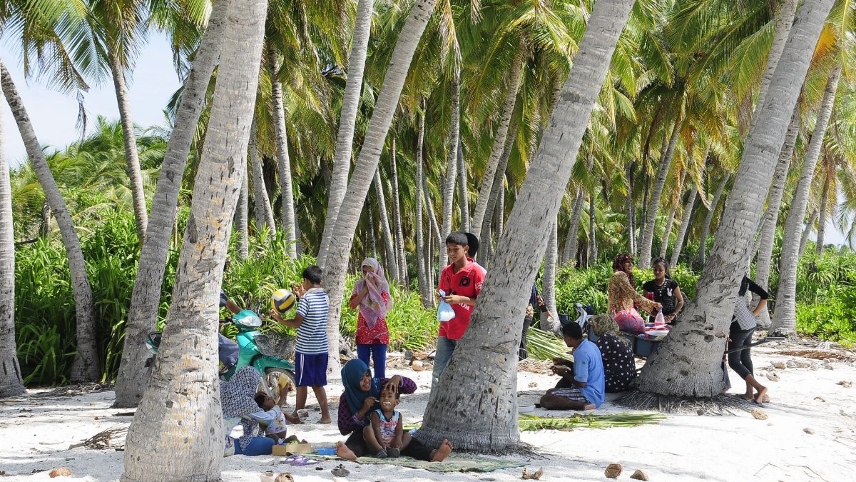 A vibrant group enjoying a sunny day under palm trees on a tropical beach in Fuvahmulah, Maldives.