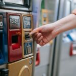 Close-up of a person using a metro card machine for public transport payment indoors.