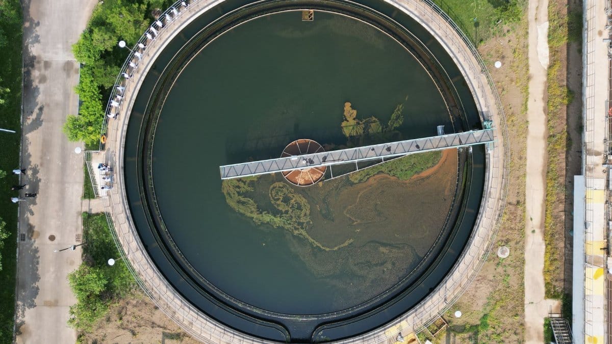 Circular water treatment structure in Langfang, China from above, showcasing its design.