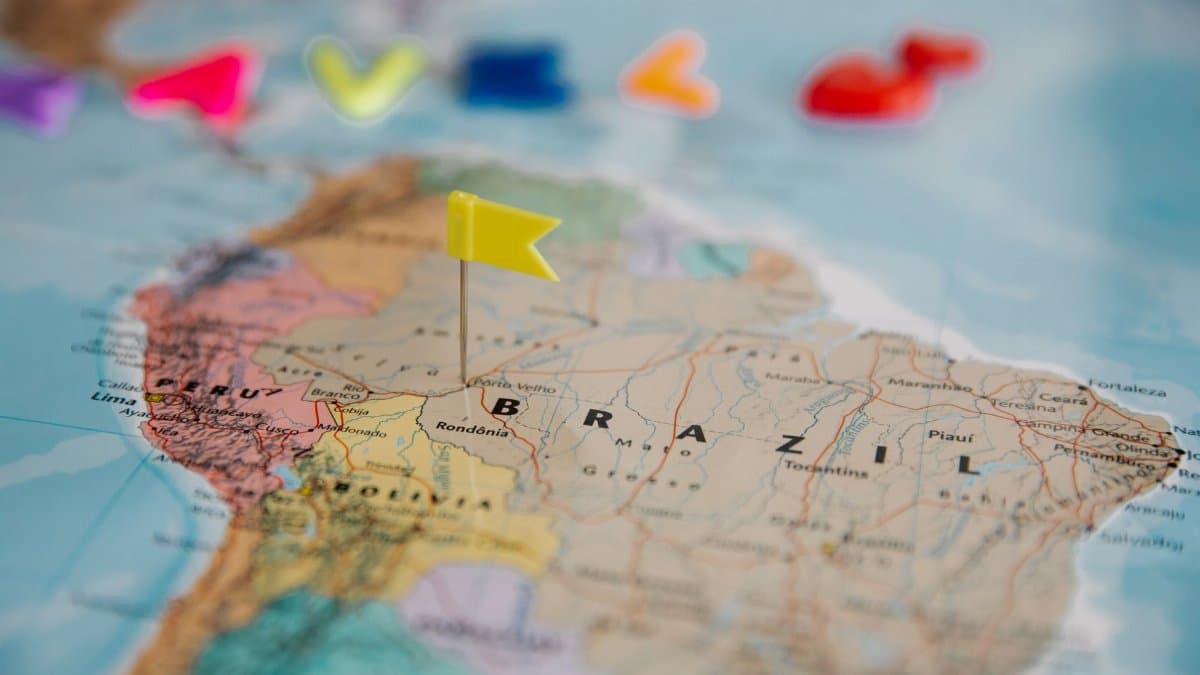 Detailed close-up map of South America highlighting Brazil with a yellow flag pin.