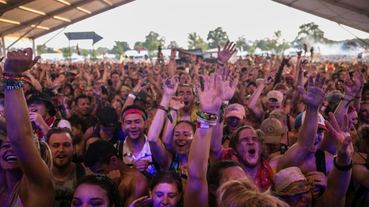 Excited crowd enjoying a vibrant music festival under a tent during the day.