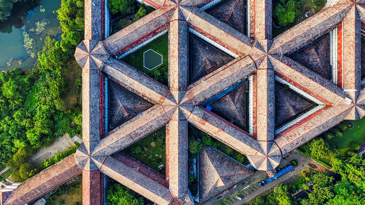 A striking aerial shot showcasing the intricate geometric design of a building in Bogor.