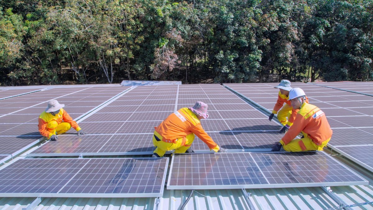 Team of workers installing solar panels on a sunny day, promoting renewable energy and sustainability.