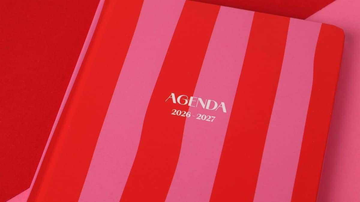 Red and pink striped agenda book for 2026-2027, perfect for planning.