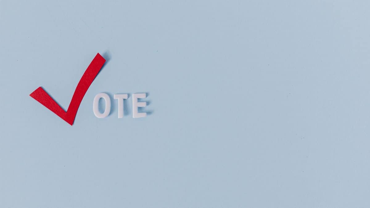 Red checkmark and 'vote' text on light blue background, symbolizing election and political choice.