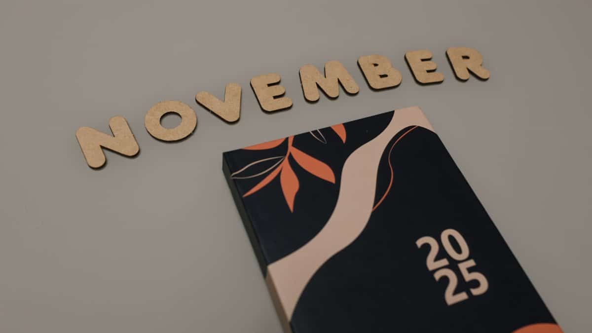 Wooden letters spelling 'November' with a 2025 planner, minimal design.