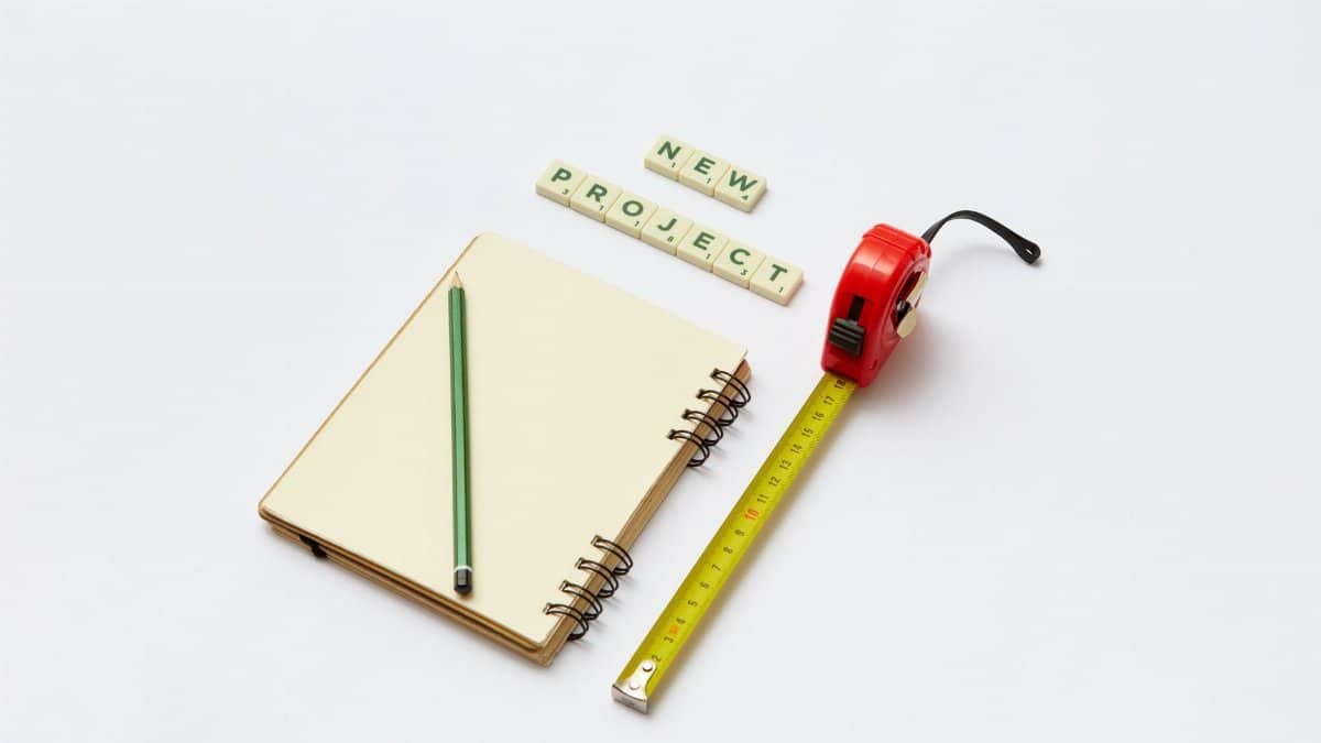 Flat lay of a notebook, pencil, tape measure, and scrabble tiles spelling 'new project'. Ideal for creative work concepts.