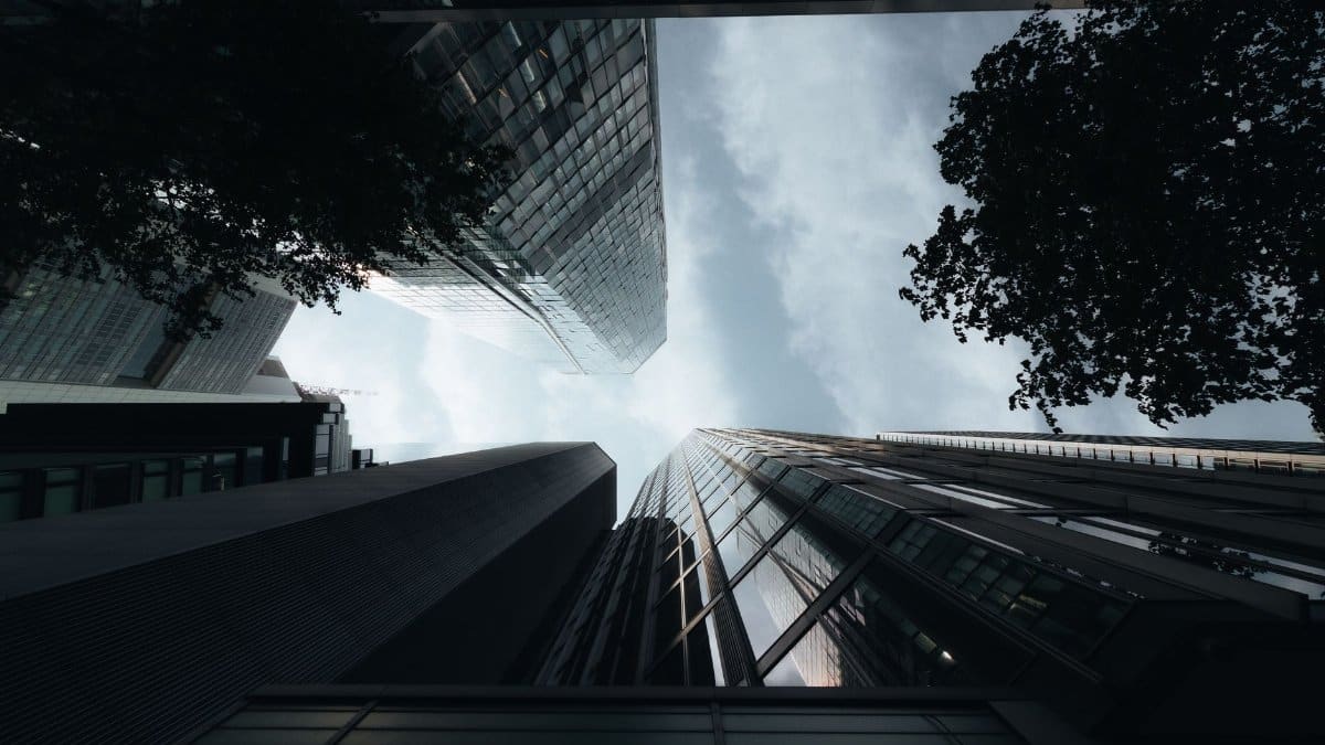 Looking up at modern skyscrapers with a dramatic sky and minimal foliage.