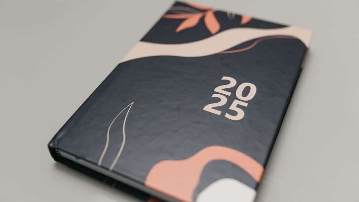 Modern 2025 planner featuring an abstract artistic cover. Perfect for organizing the year.