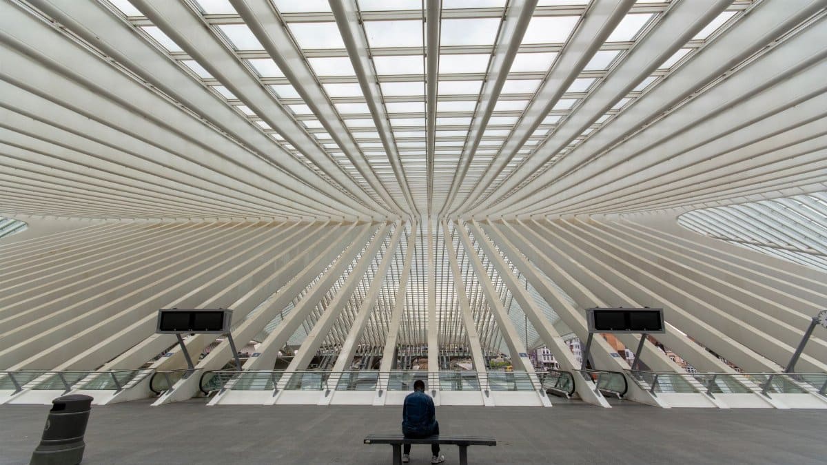 Person sitting on a bench inside the futuristic Liège-Guillemins station, stunning architectural design.