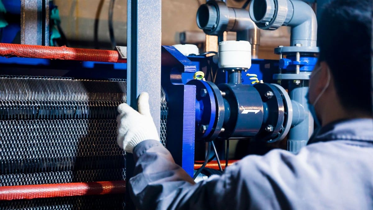 A worker in blue sleeves inspects machinery pipes and equipment at an industrial plant.