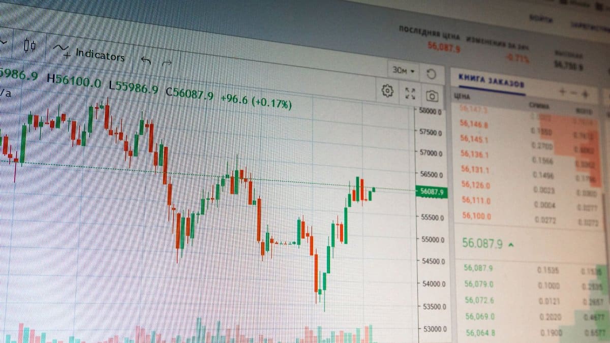 Close-up of digital cryptocurrency market graph showing price fluctuations and trading data.