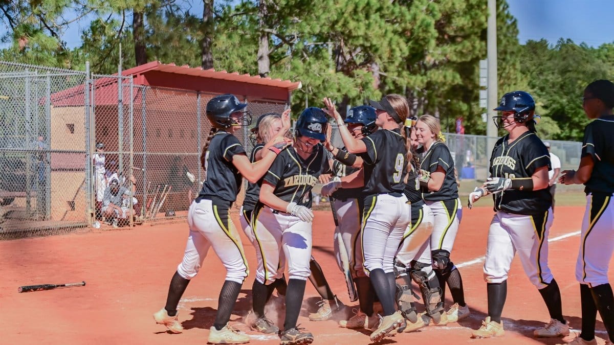 Female softball team celebrating a home run on a sunny day at the field.