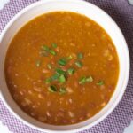 Hearty homemade bean soup garnished with green onions served in a white bowl.