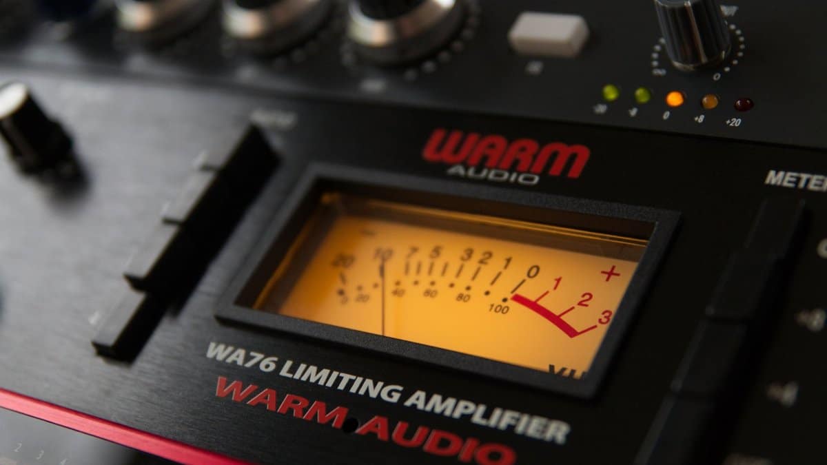Close-up of a Warm Audio WA76 limiting amplifier with detailed meter display.