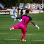 A goalkeeper in bright pink kit kicking a soccer ball during a match.