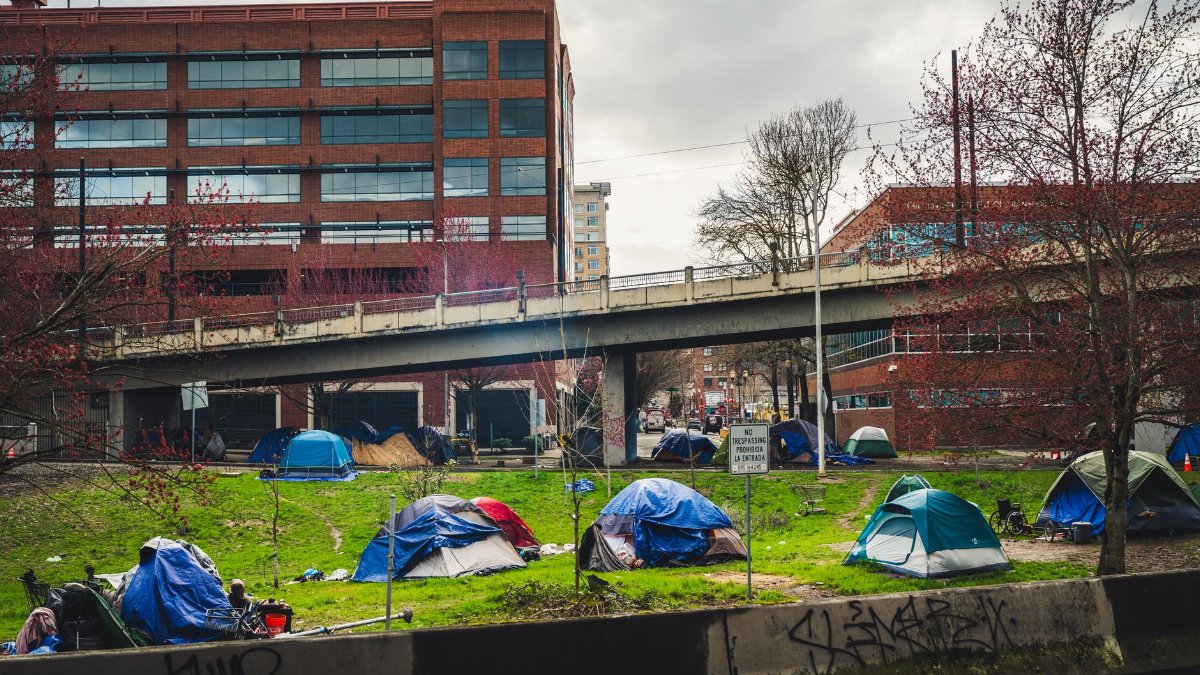 Homeless encampment with tents in downtown Portland under an overpass, capturing social issues.