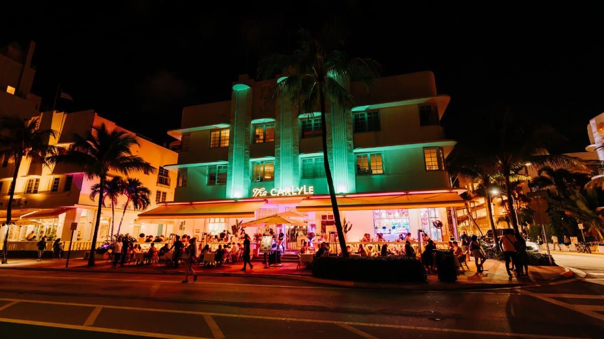 Stunning nightlife scene at The Carlyle, showcasing Miami Beach's vibrant atmosphere and Art Deco architecture.