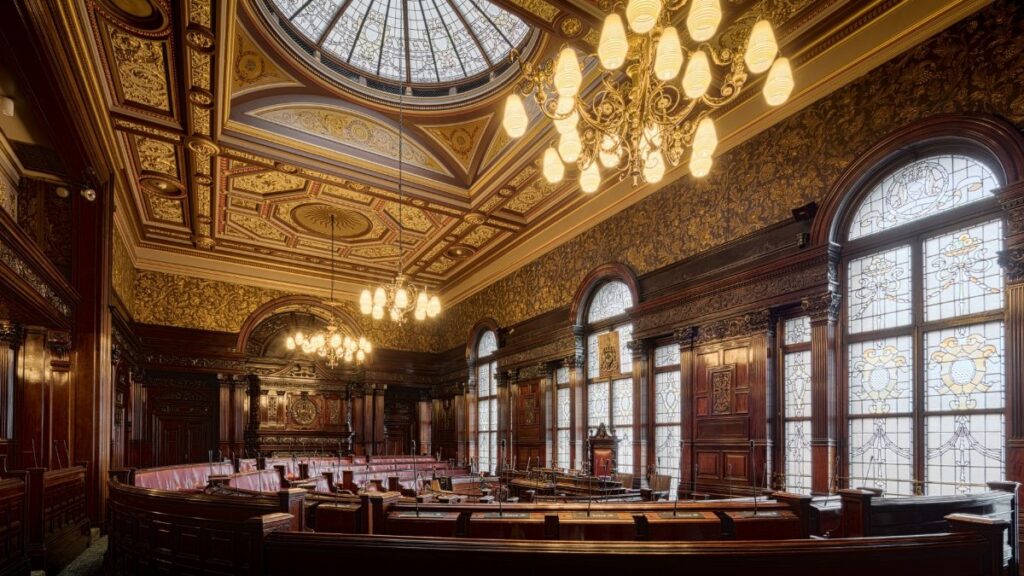Elegant interior of Glasgow City Chambers featuring intricate details and stained glass windows.