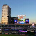 Aerial view of Target Field stadium during twilight in Minneapolis, Minnesota.