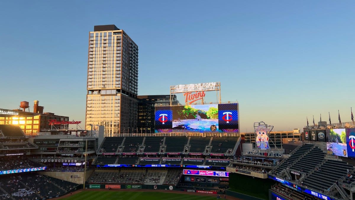 Aerial view of Target Field stadium during twilight in Minneapolis, Minnesota.