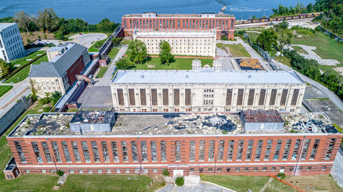 Bird's-eye view of the historic Missouri State Penitentiary in Jefferson City, Missouri.