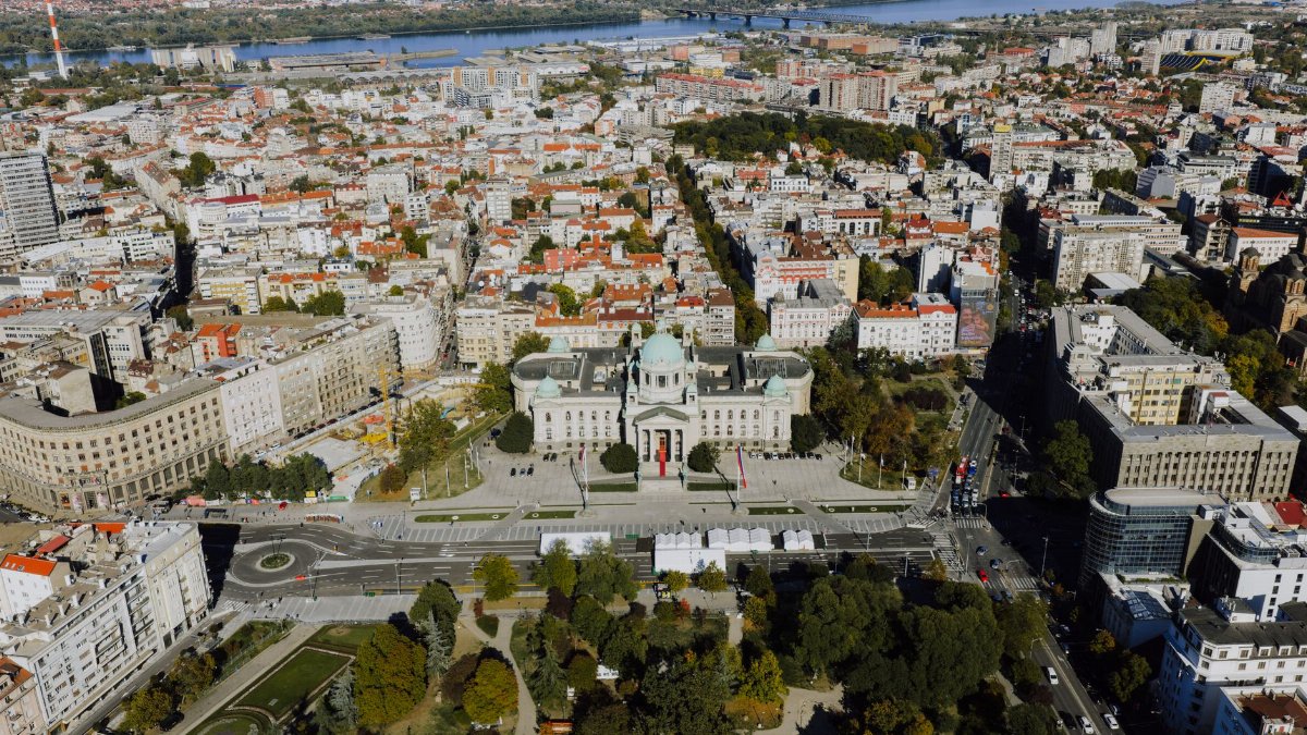 Aerial view of Belgrade cityscape featuring the National Assembly, Serbia.