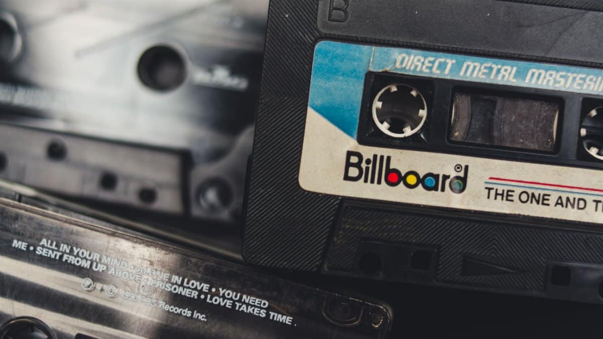 A nostalgic close-up of vintage audio cassette tapes, evoking memories of analog music and retro technology.