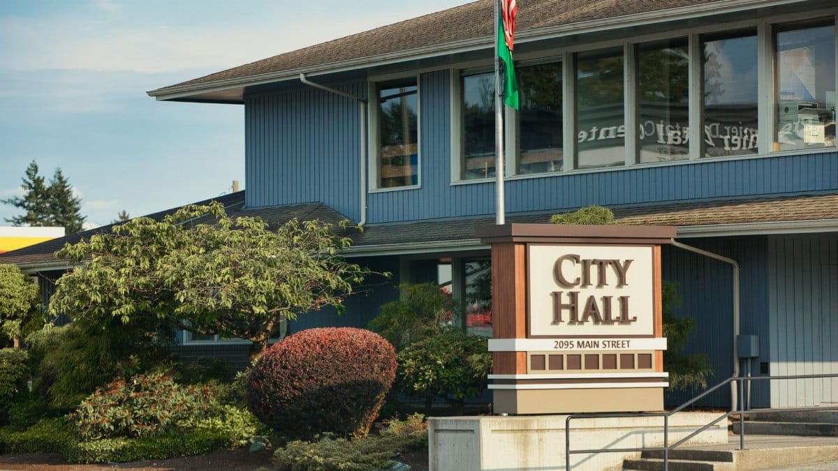 View of Ferndale City Hall on Main Street, showcasing its architectural design and surrounding landscape.
