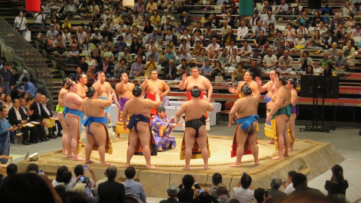 Sumo wrestlers gathered in a Tokyo arena during a traditional match.