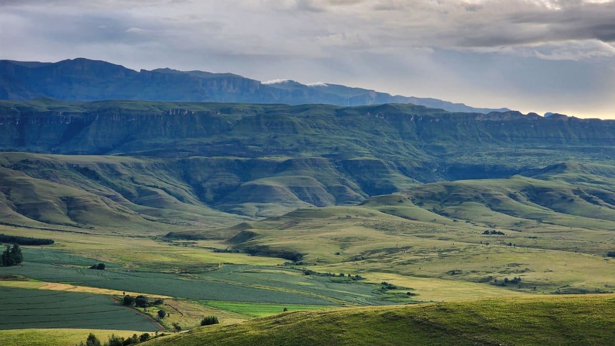 Breathtaking landscape of the Drakensberg mountains with lush greenery and dramatic cloudy sky.