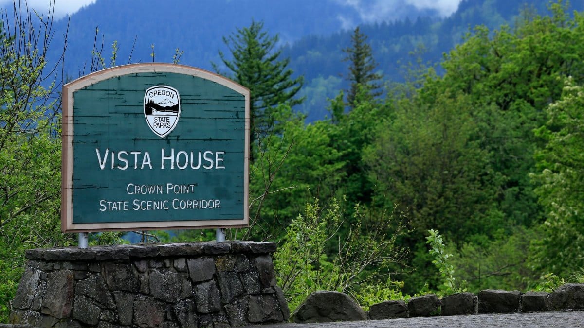 Signage at Vista House, Crown Point State Scenic Corridor, Oregon.
