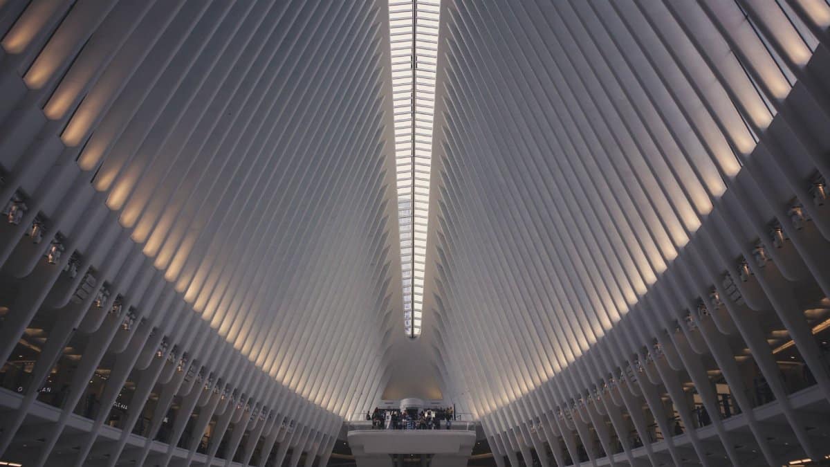 Explore the modern interior of the Oculus transit hub in New York City.