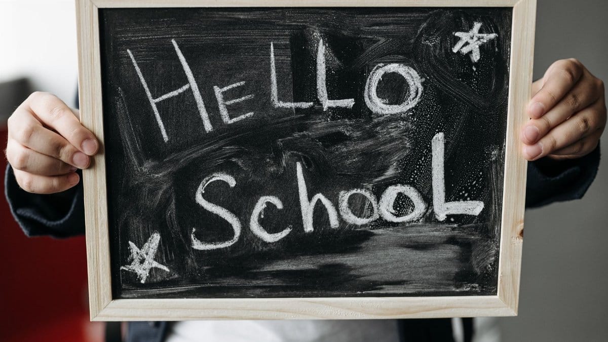 Close-up of hands holding a chalkboard with 'Hello School' message, perfect for back-to-school themes.