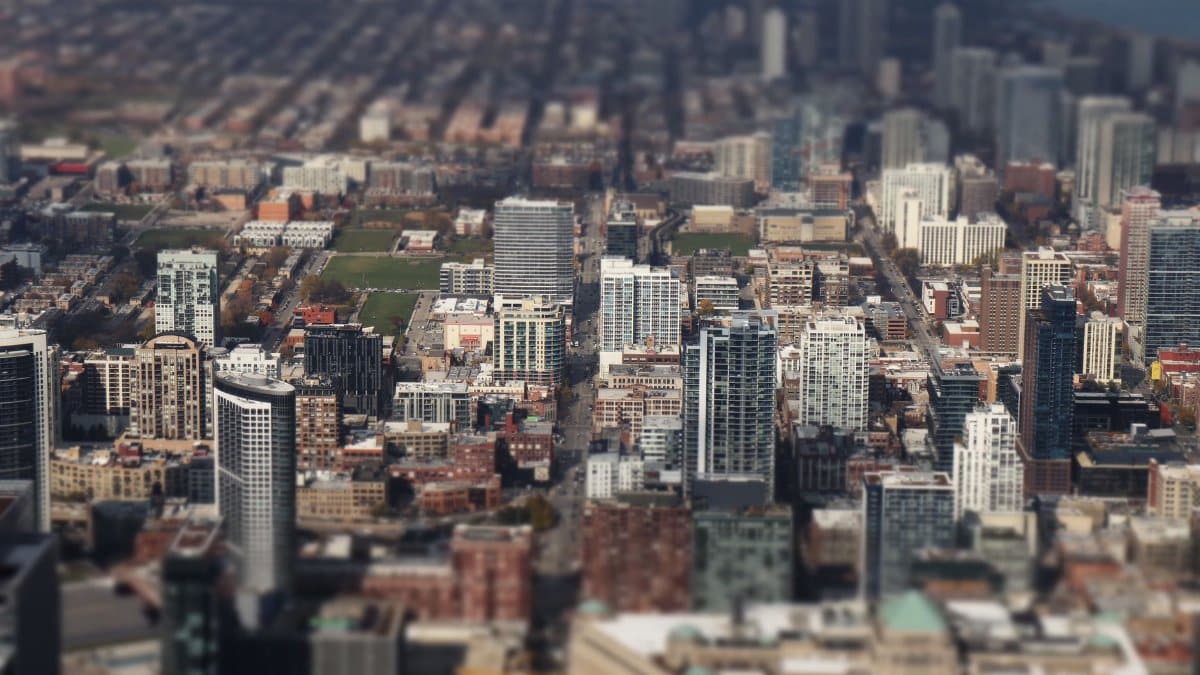 High-rise Chicago cityscape with tilt-shift effect, capturing the vibrant urban skyline.
