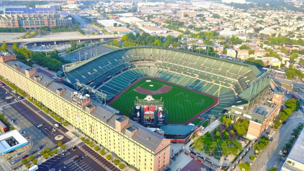 Aerial shot of Camden Yards, home of the Baltimore Orioles, showcasing its iconic architecture.